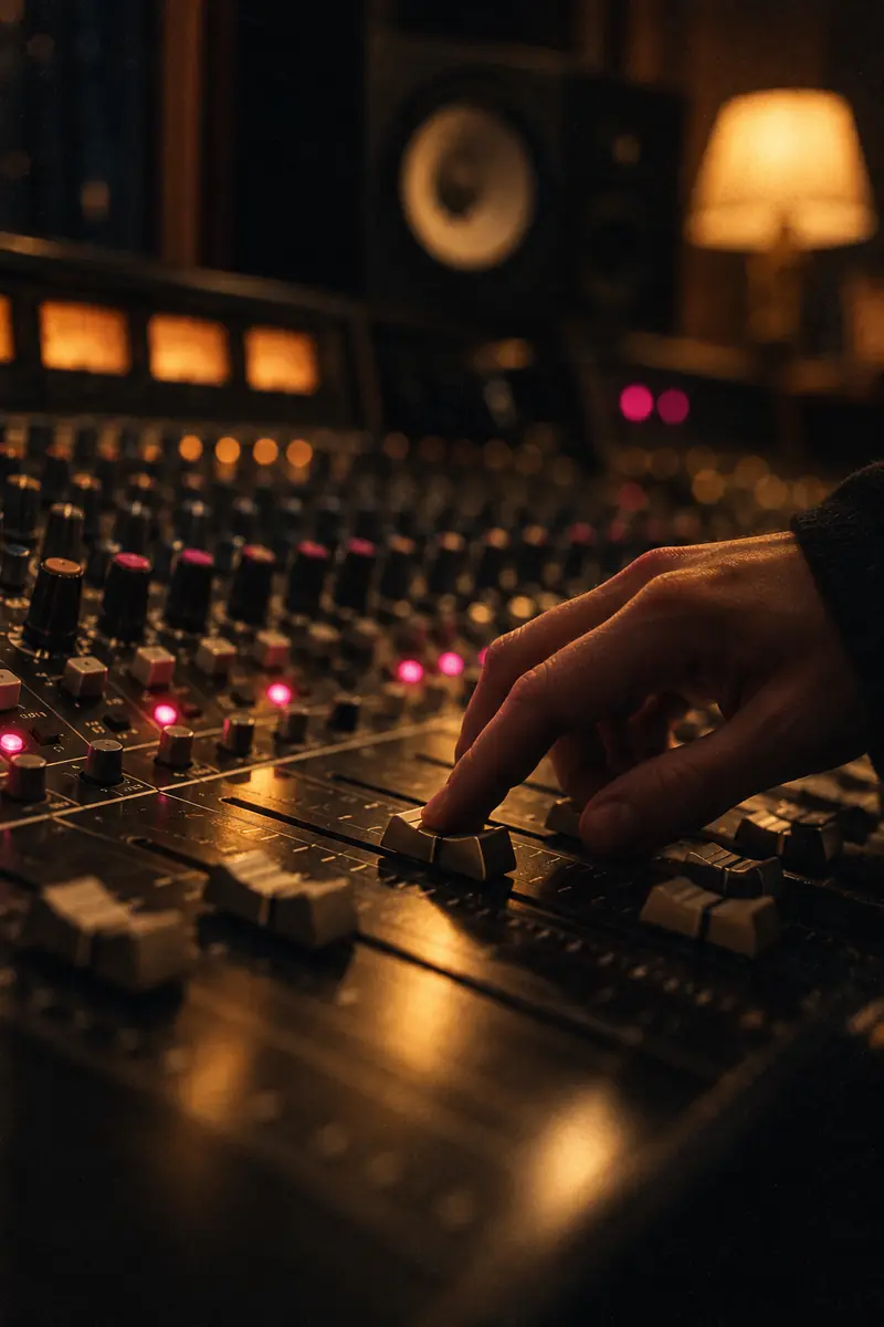 Close-up of a hand pushing a fader on an analog mixing console, lit by warm lamp light and small pink indicator lights.
