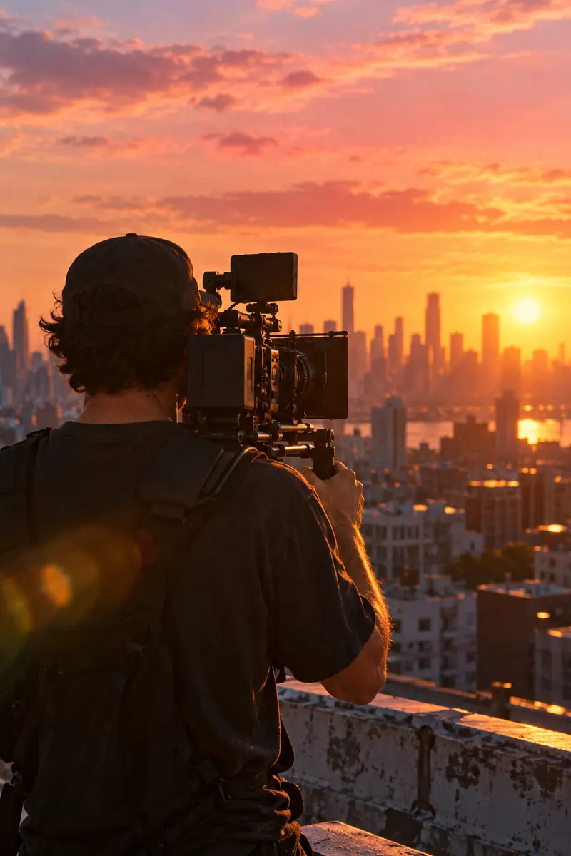 A camera operator, seen from behind, films the city skyline from a rooftop at golden hour.