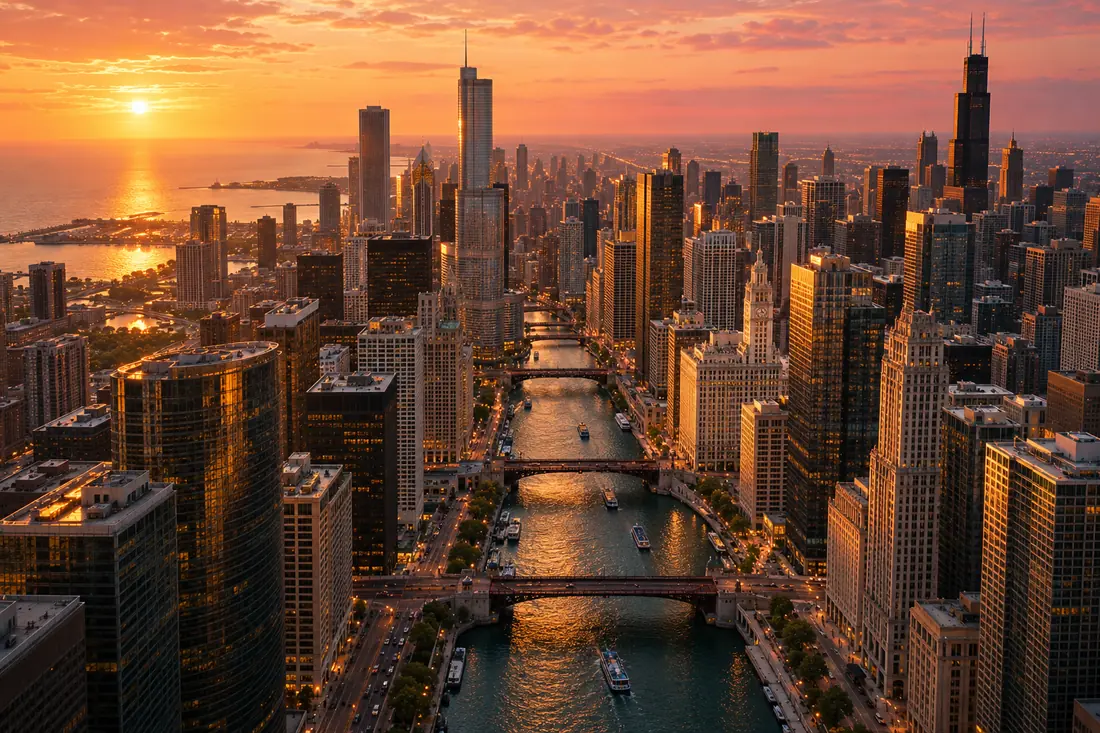 Aerial view over Chicago and its river at golden hour.