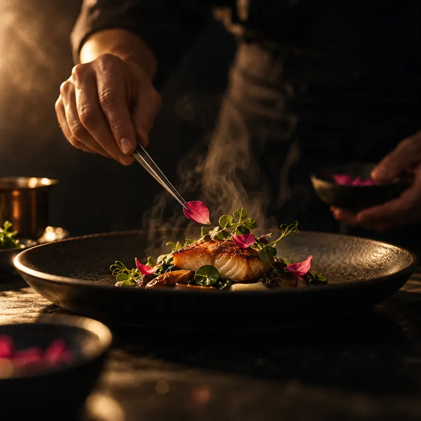 A chef plates a dish with tweezers in a dark kitchen, steam rising, pink petals as garnish.