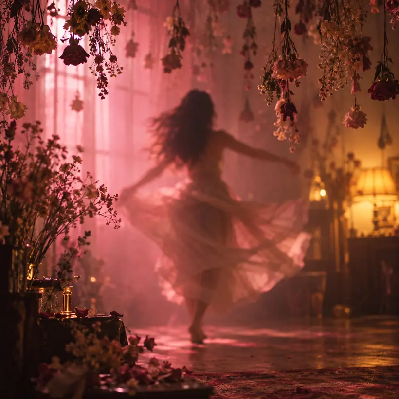 A dancer spins in soft pink light in a room hung with dried flowers.