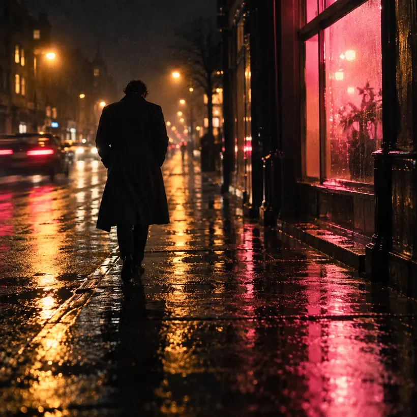 A figure in a long coat walks down a wet city street at night past a pink-lit storefront.