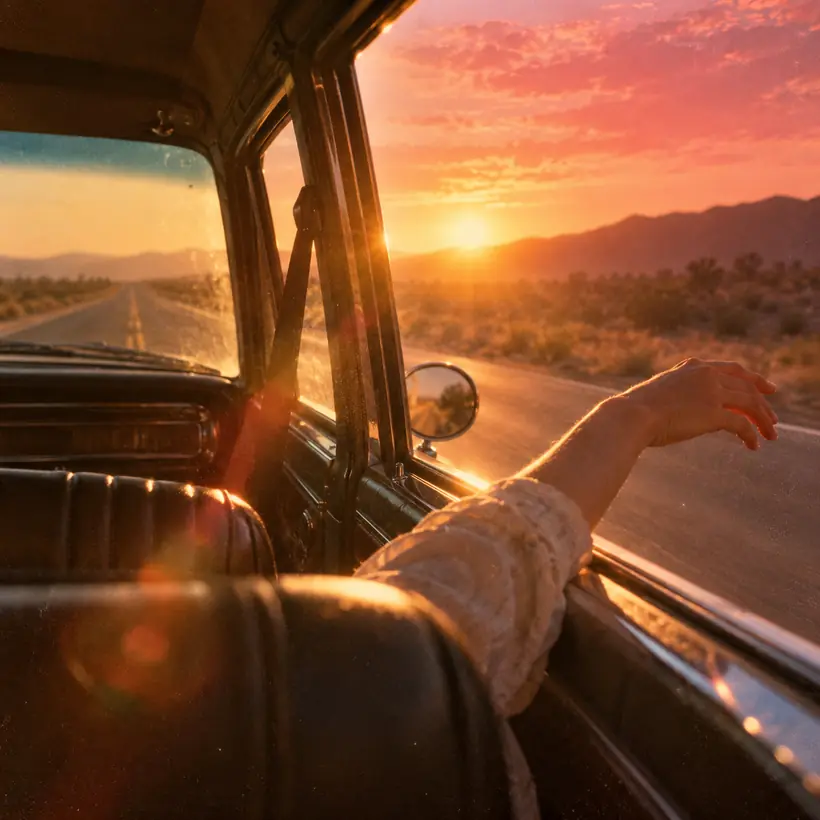 Golden-hour highway seen from a vintage car, a hand trailing out the open window.