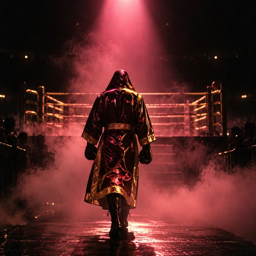A figure in a hooded boxing robe walks toward a ring through smoke under a pink spotlight.