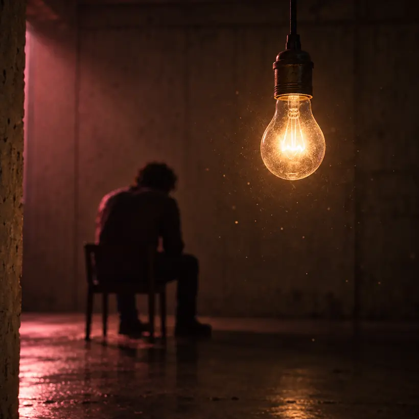 A single bare bulb glows in a dark concrete room with a seated figure in shadow.