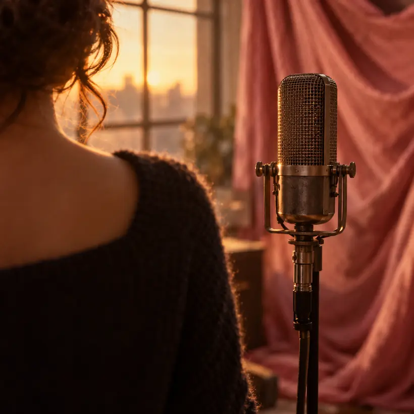 Vintage ribbon microphone in front of a singer seen from behind, warm window light, pink drape.