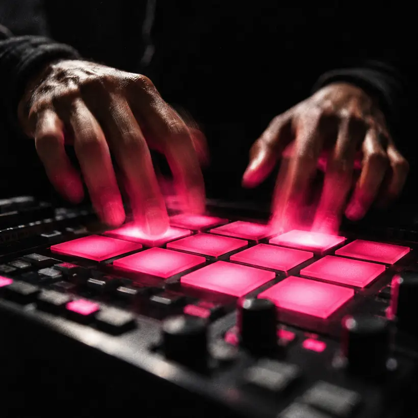 Hands striking glowing pink drum machine pads in a dark studio.