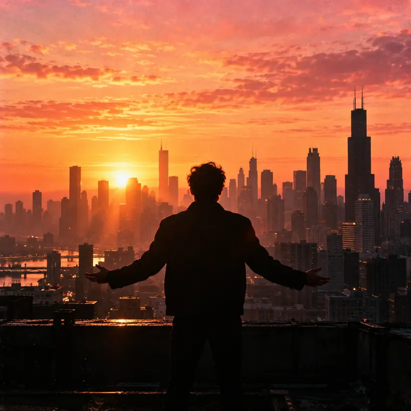 Silhouette with open arms on a rooftop facing a pink and gold sunrise over the Chicago skyline.