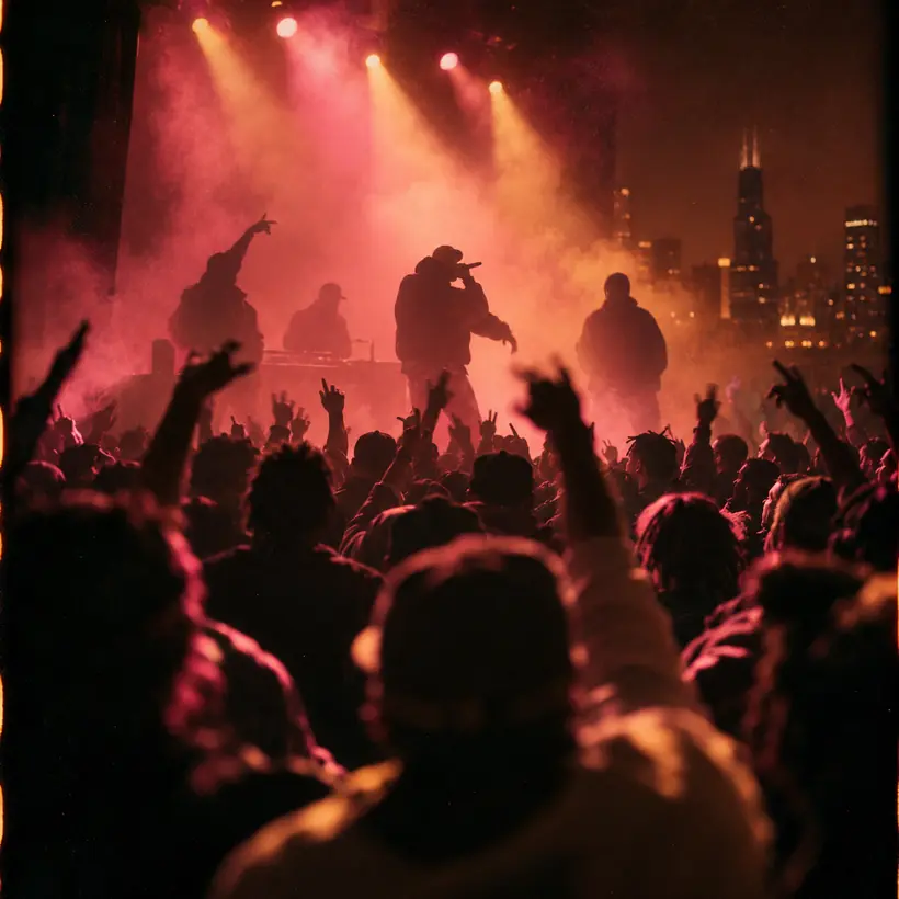 A crowd with raised hands faces performers on a small stage through pink and amber light beams.