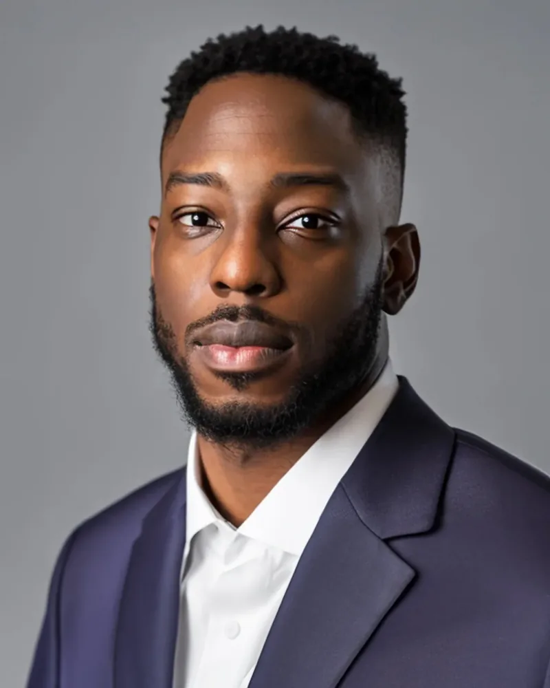 Portrait of Foluso Alofe in a grey suit and white shirt.